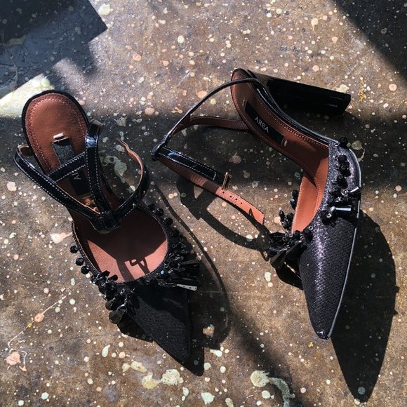 AREA Ankle A Pump Heels Bead Embellished Black Size 6 - Picture 9 of 11